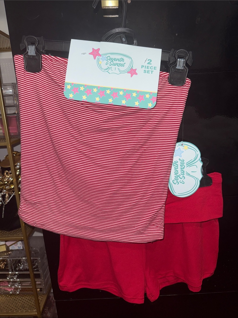 Seventh & Sunset Red Striped Tube Top + Solid Red Shorts Set With Headband